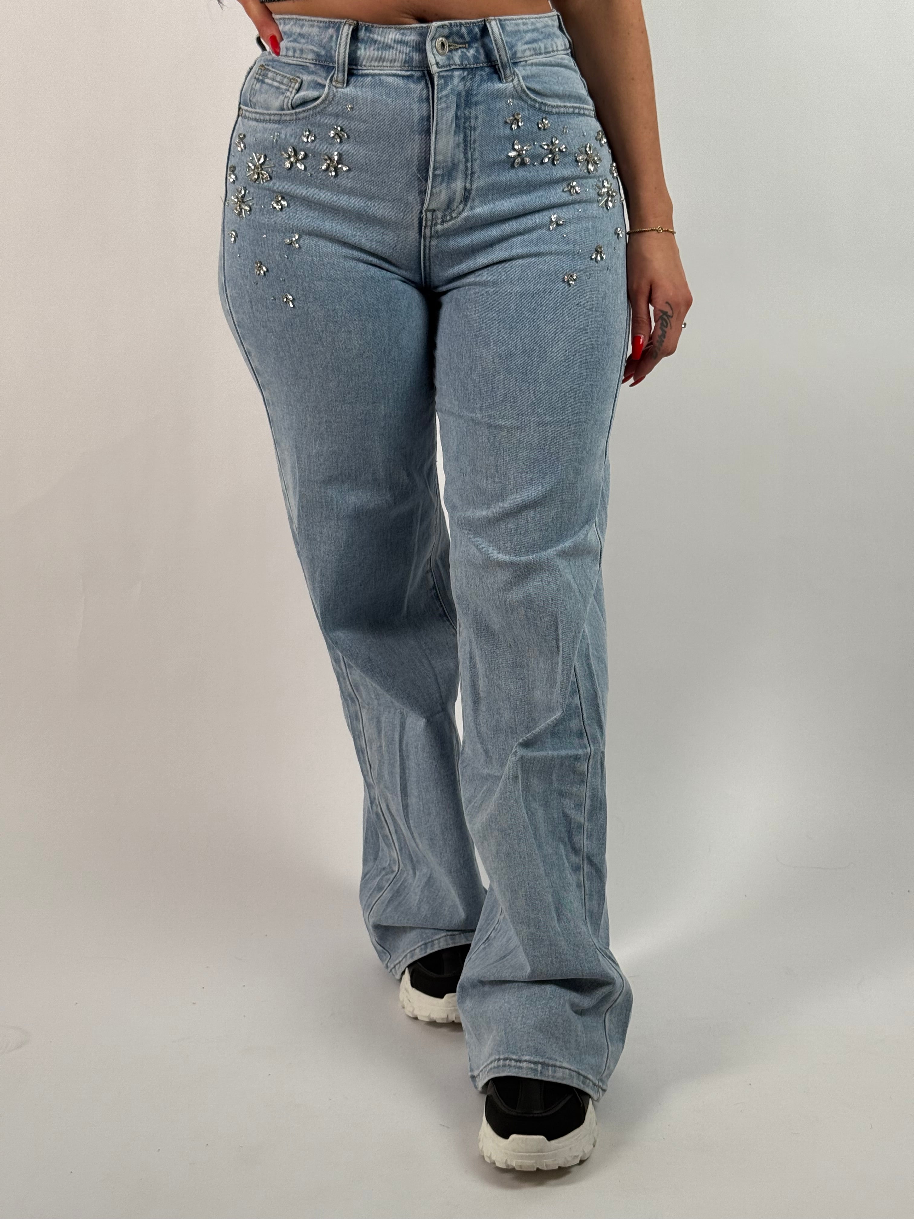 Jeans H 6696 Strass Wide Leg Blauw