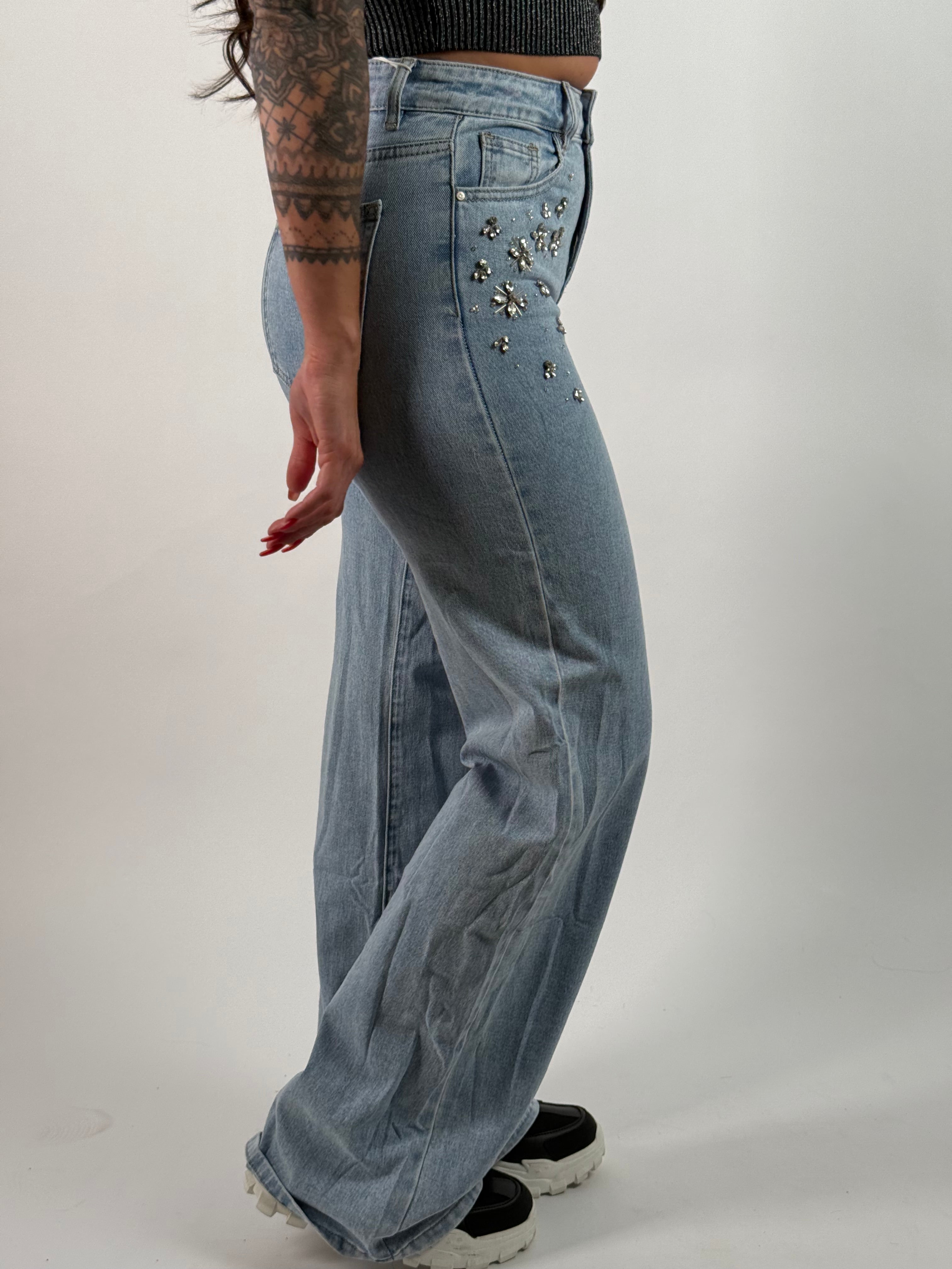 Jeans H 6696 Strass Wide Leg Blauw