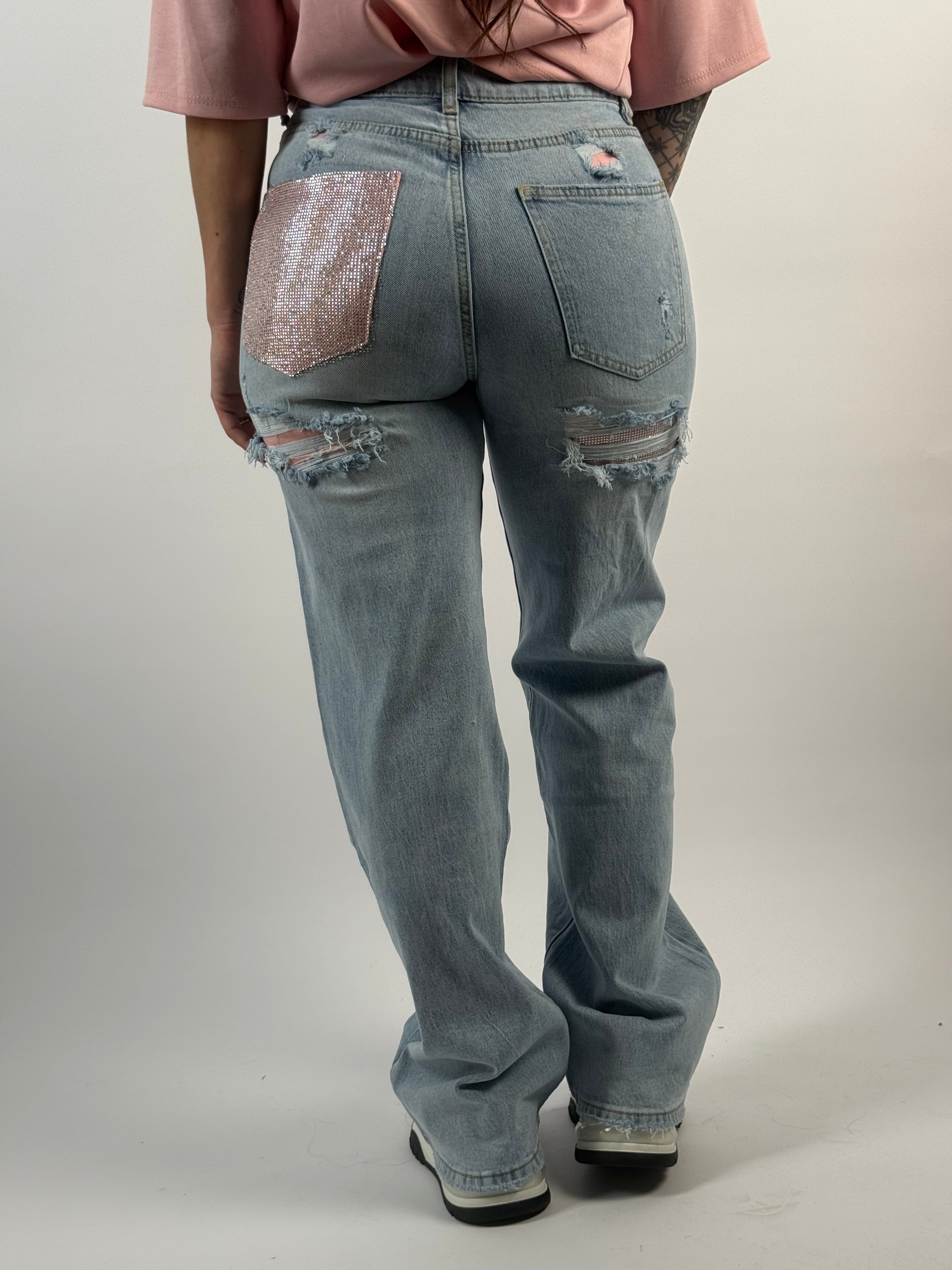 Jeans L 3517 Roze Strass Wide Leg Blauw