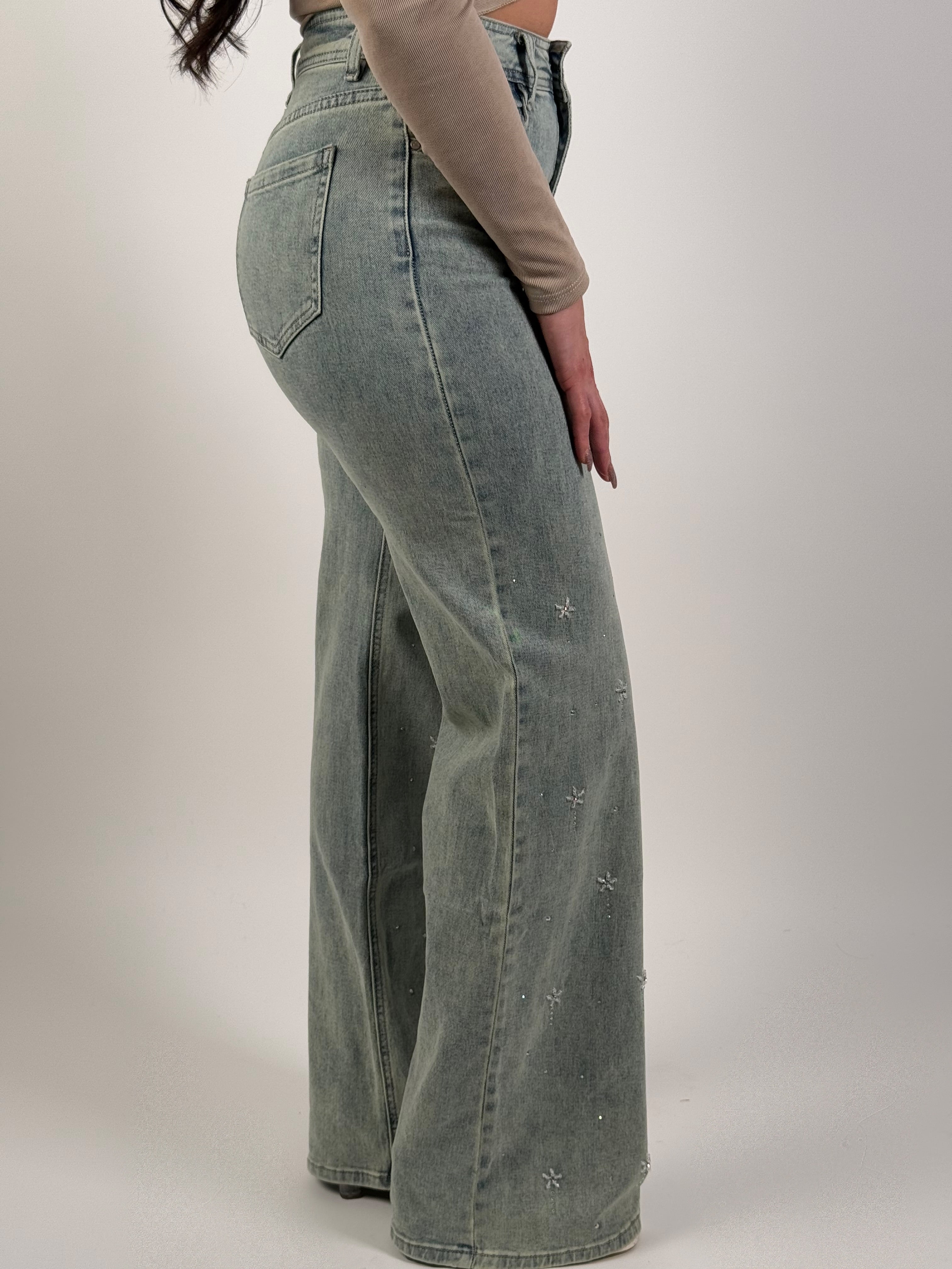 Jeans H 6692 Strass Wide Leg Blauw