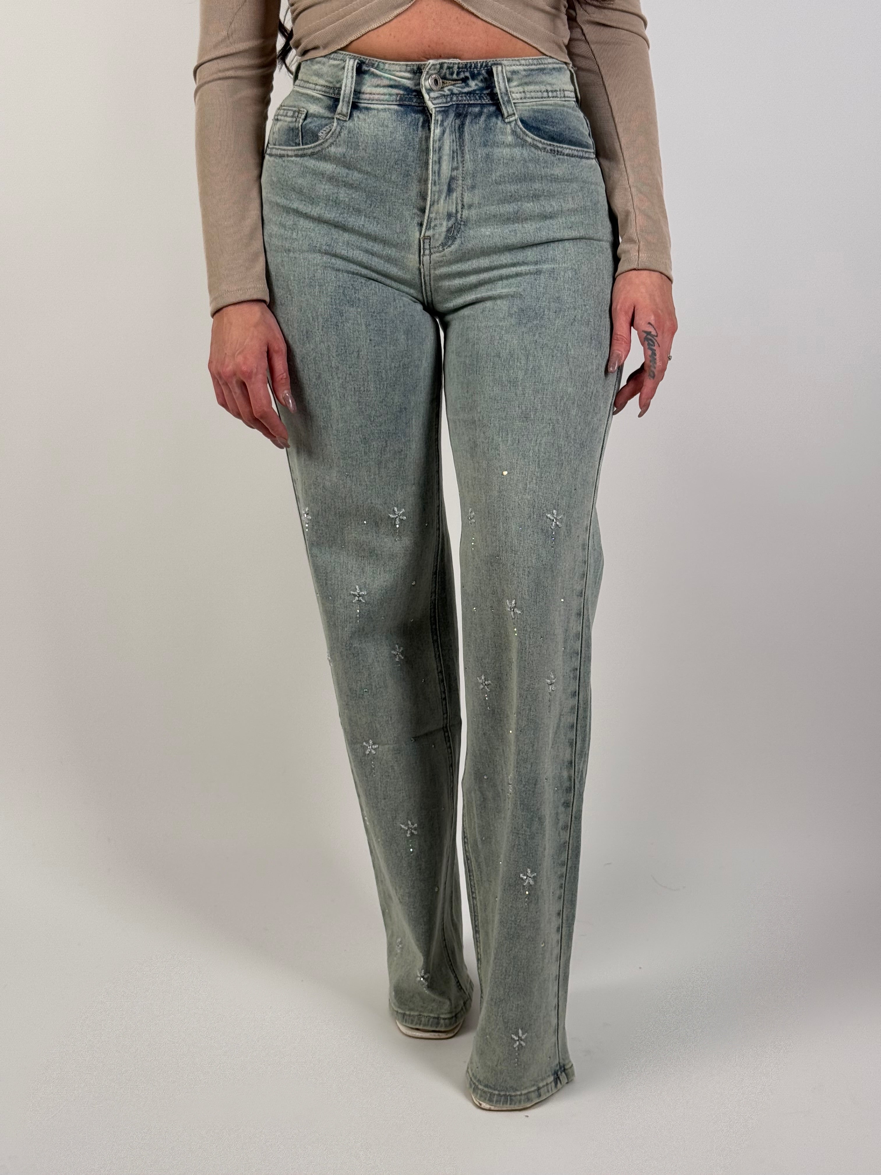 Jeans H 6692 Strass Wide Leg Blauw