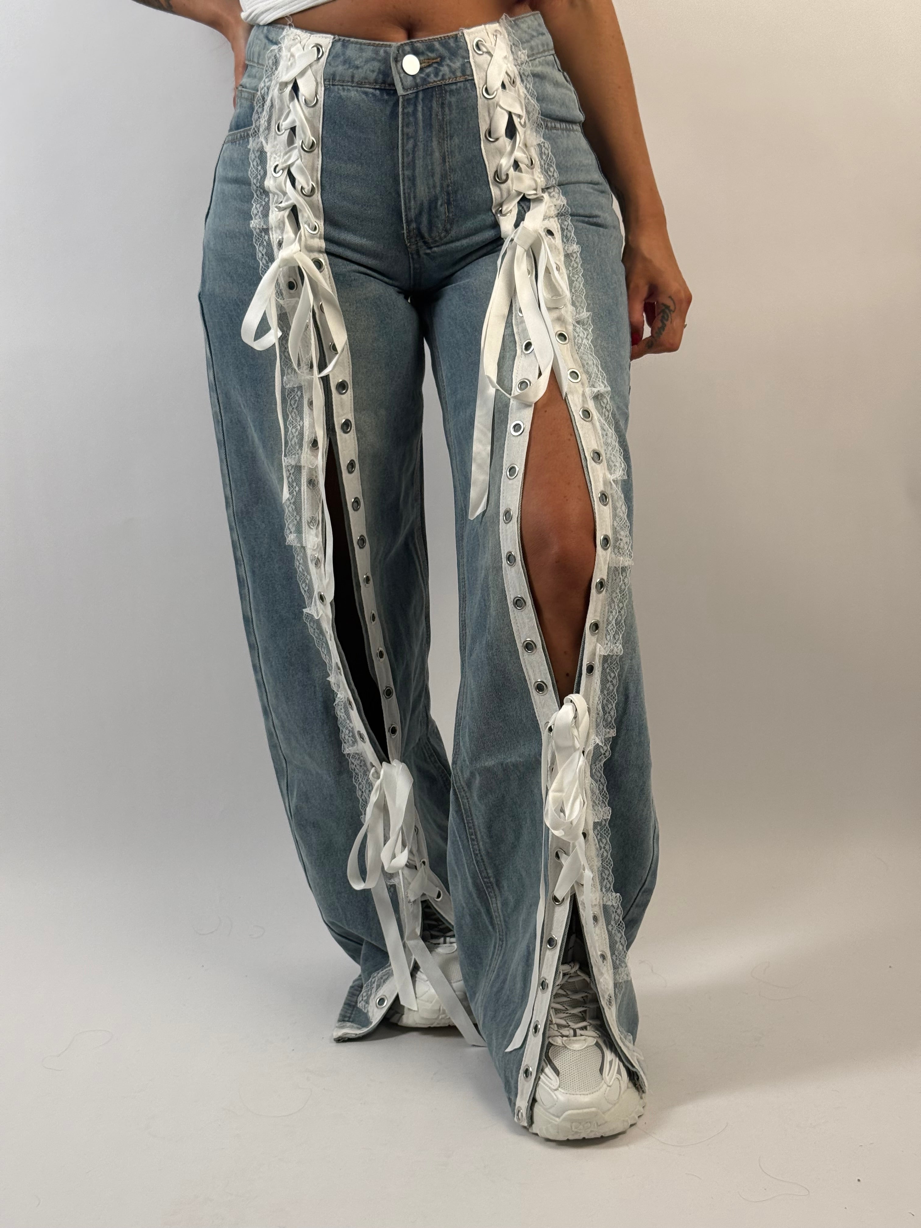 Jeans Veter Lace Up Blauw