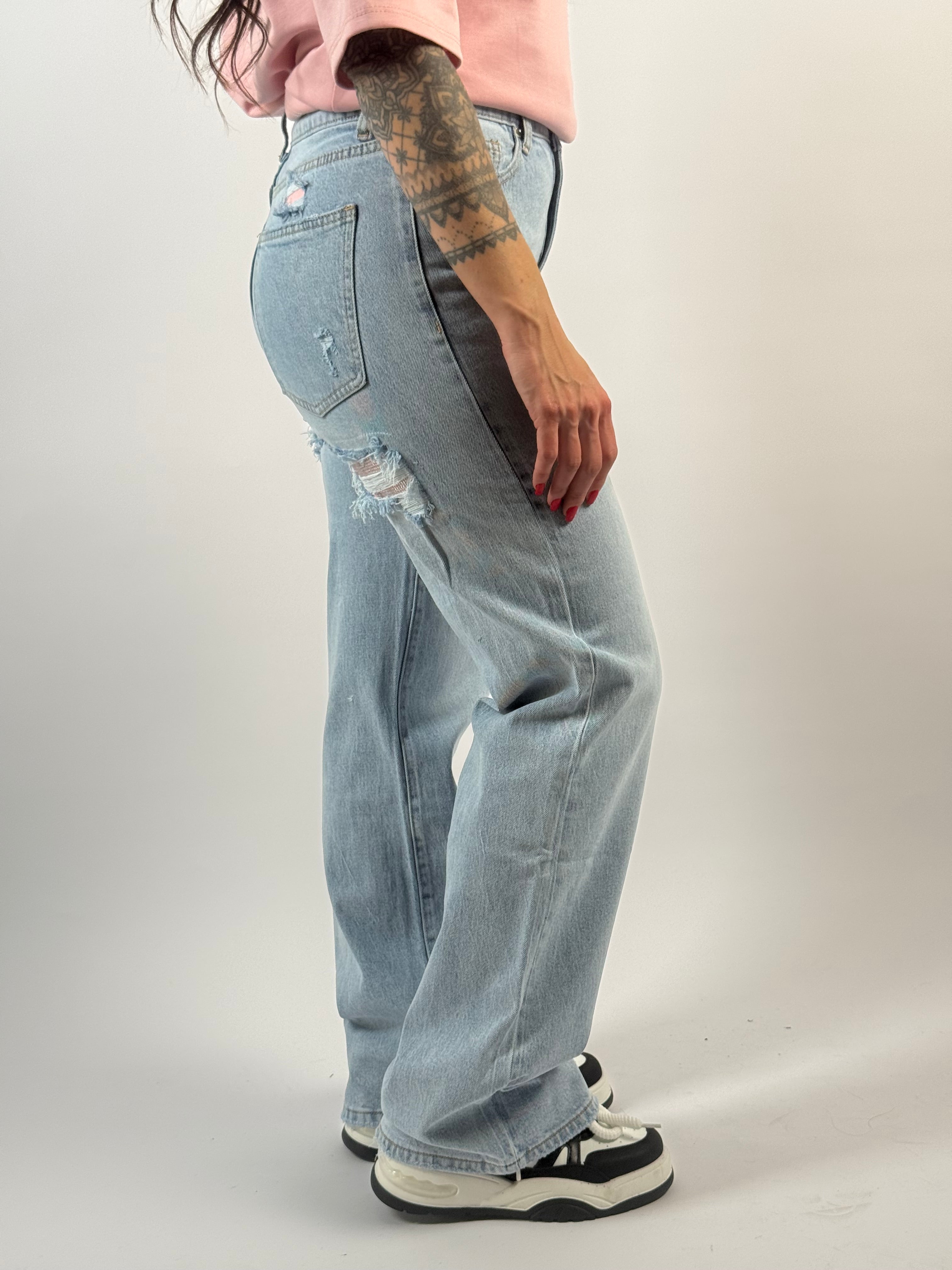 Jeans L 3517 Roze Strass Wide Leg Blauw