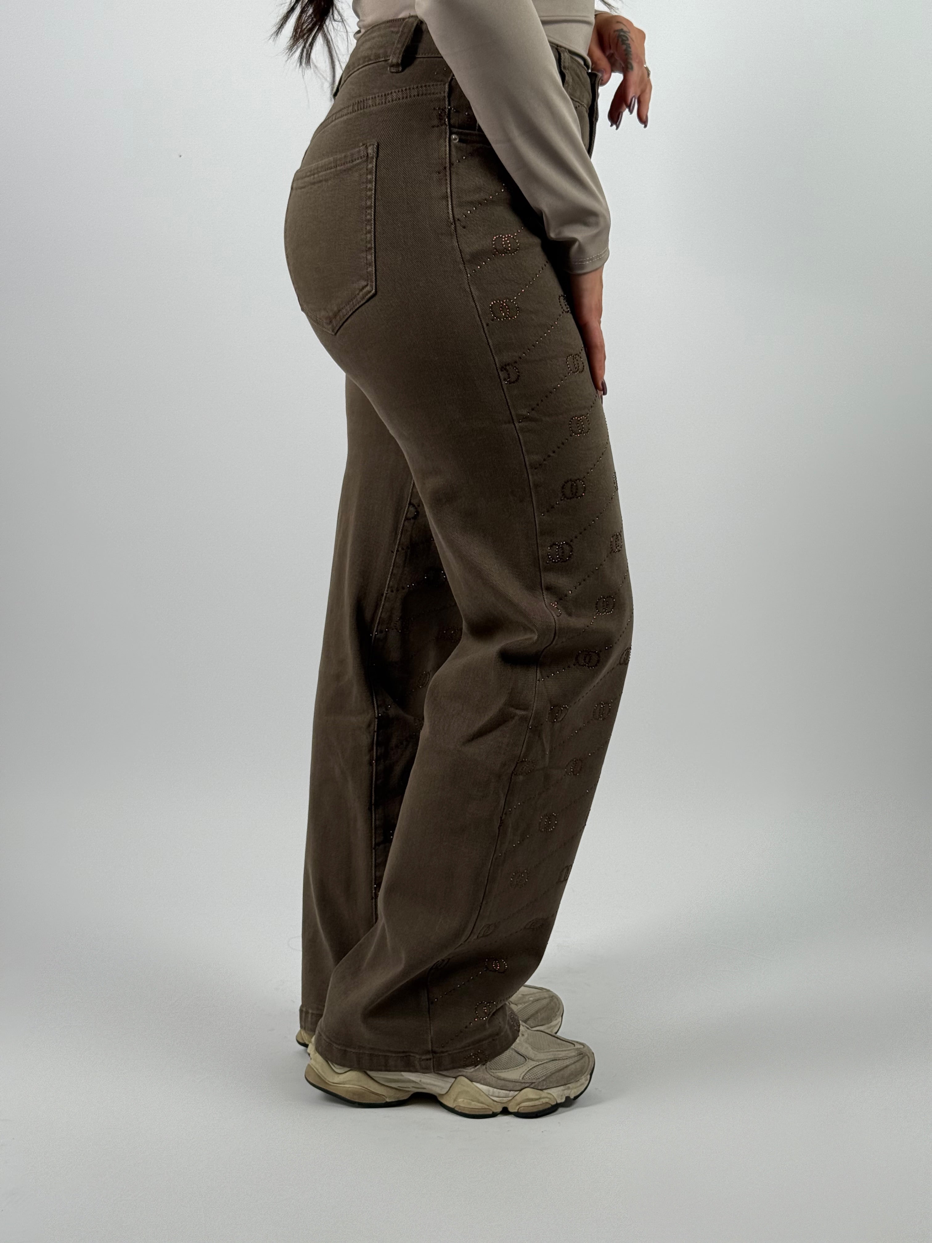 Jeans Y 6770 Strass Wide Leg Taupe