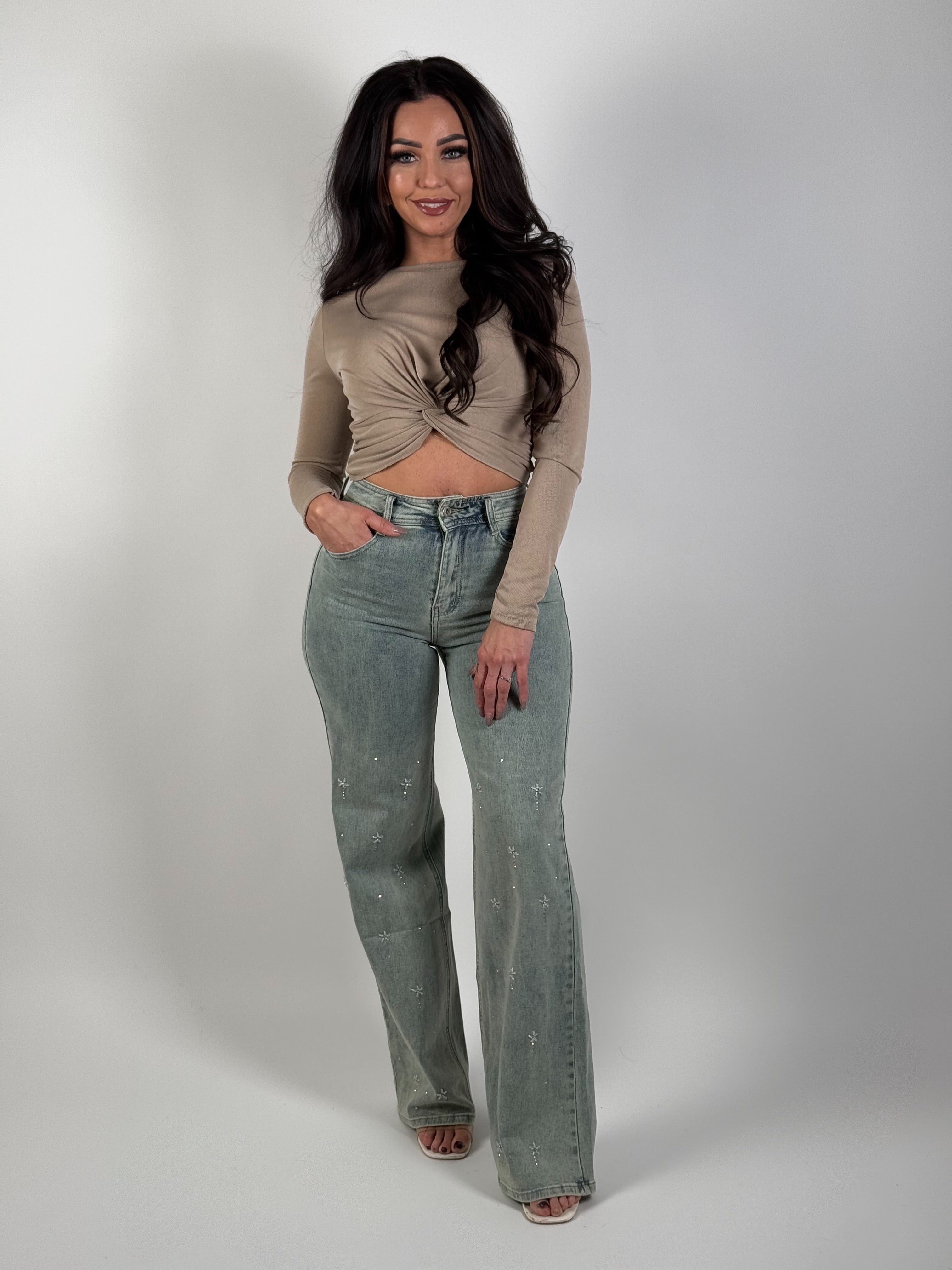 Jeans H 6692 Strass Wide Leg Blauw