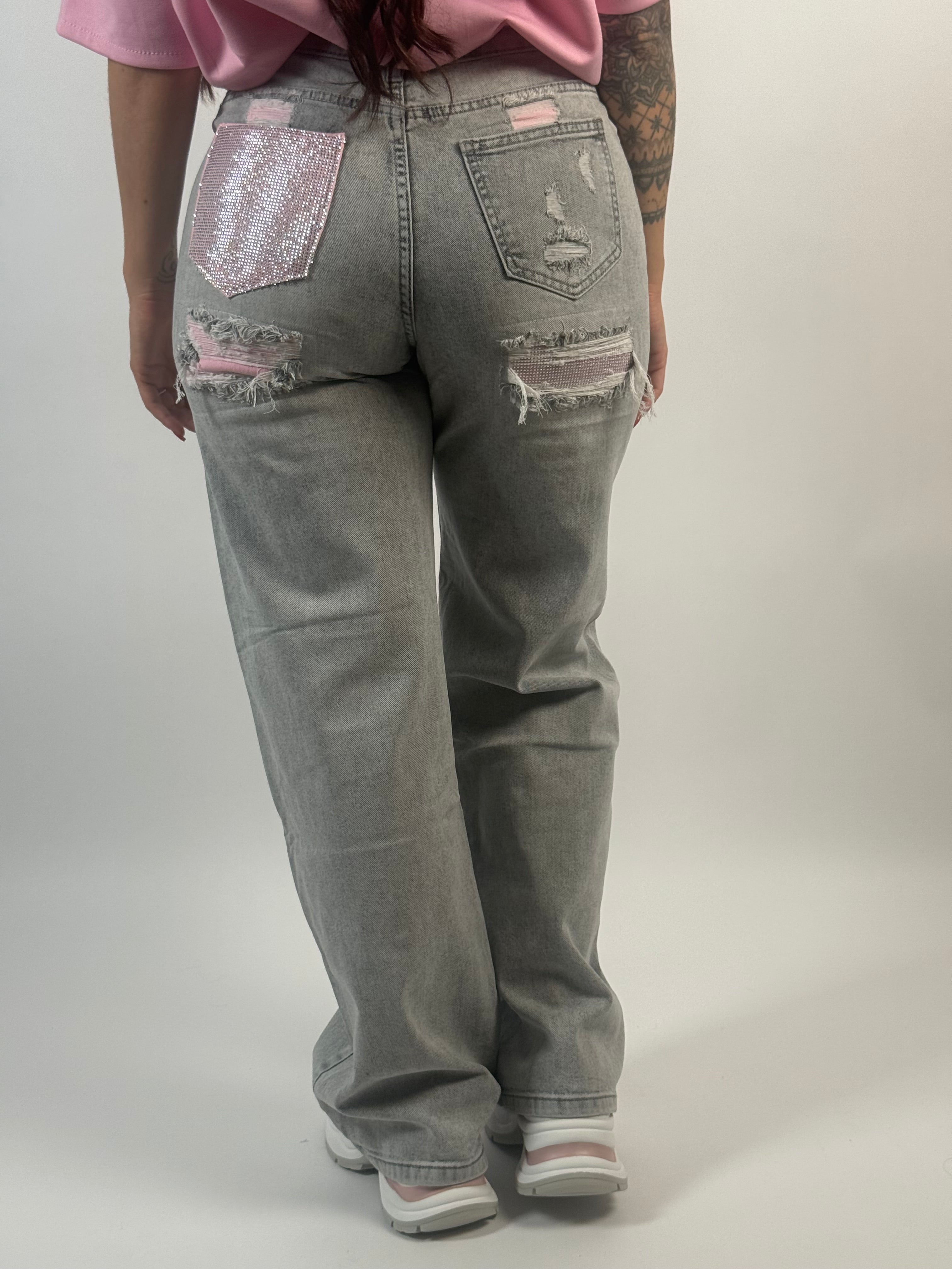 Jeans H 1576-3 Strass Wide Leg Grijs