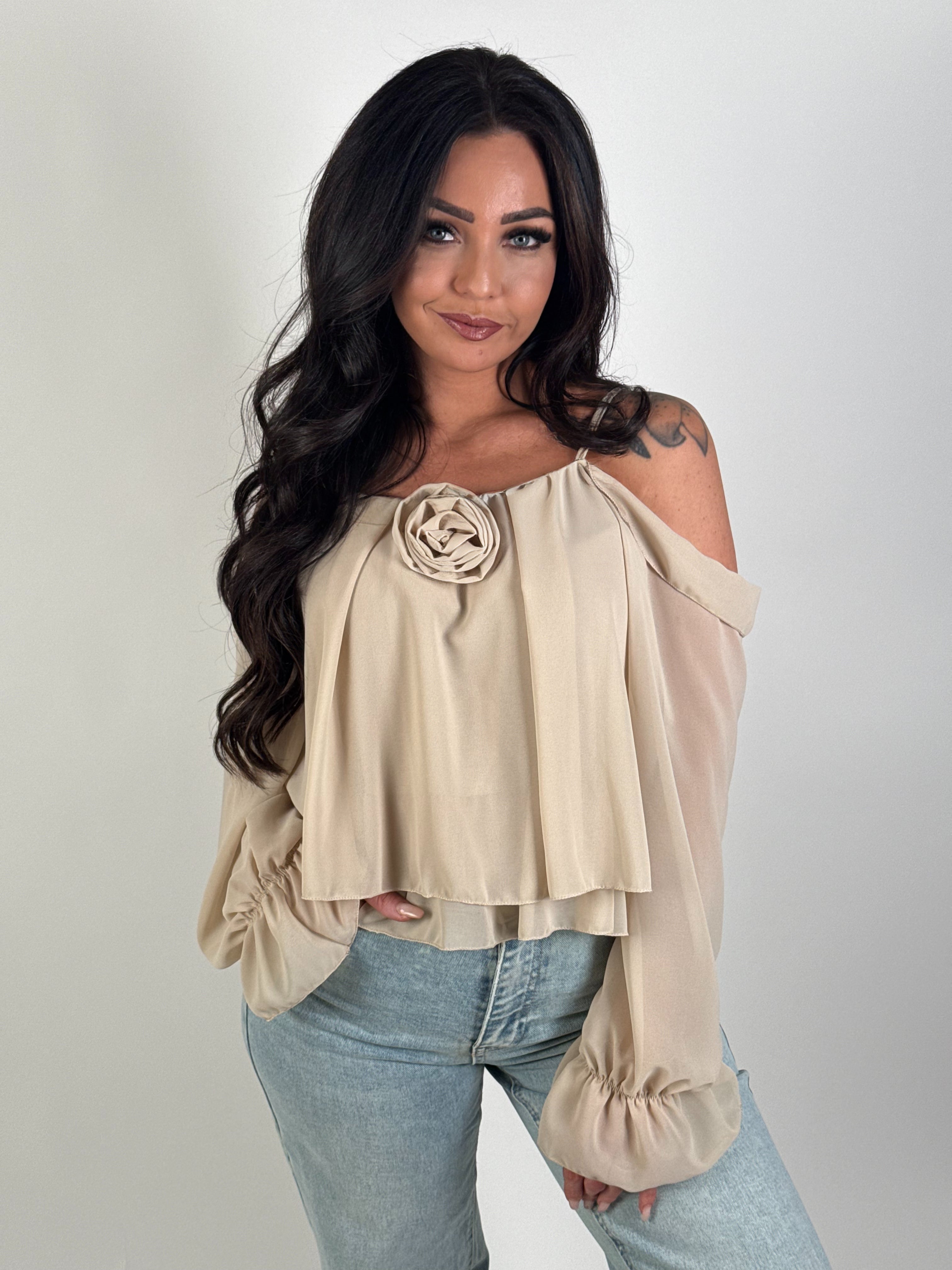 Top Ruffle Bloem Beige