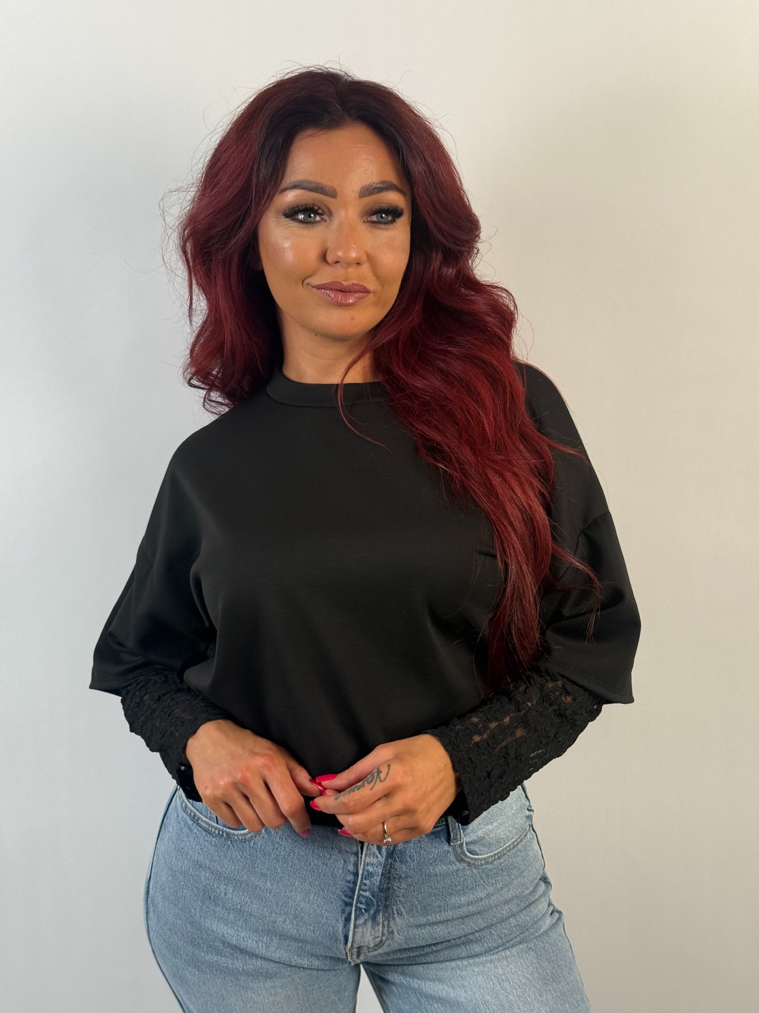 Shirt Lace Sleeve Zwart