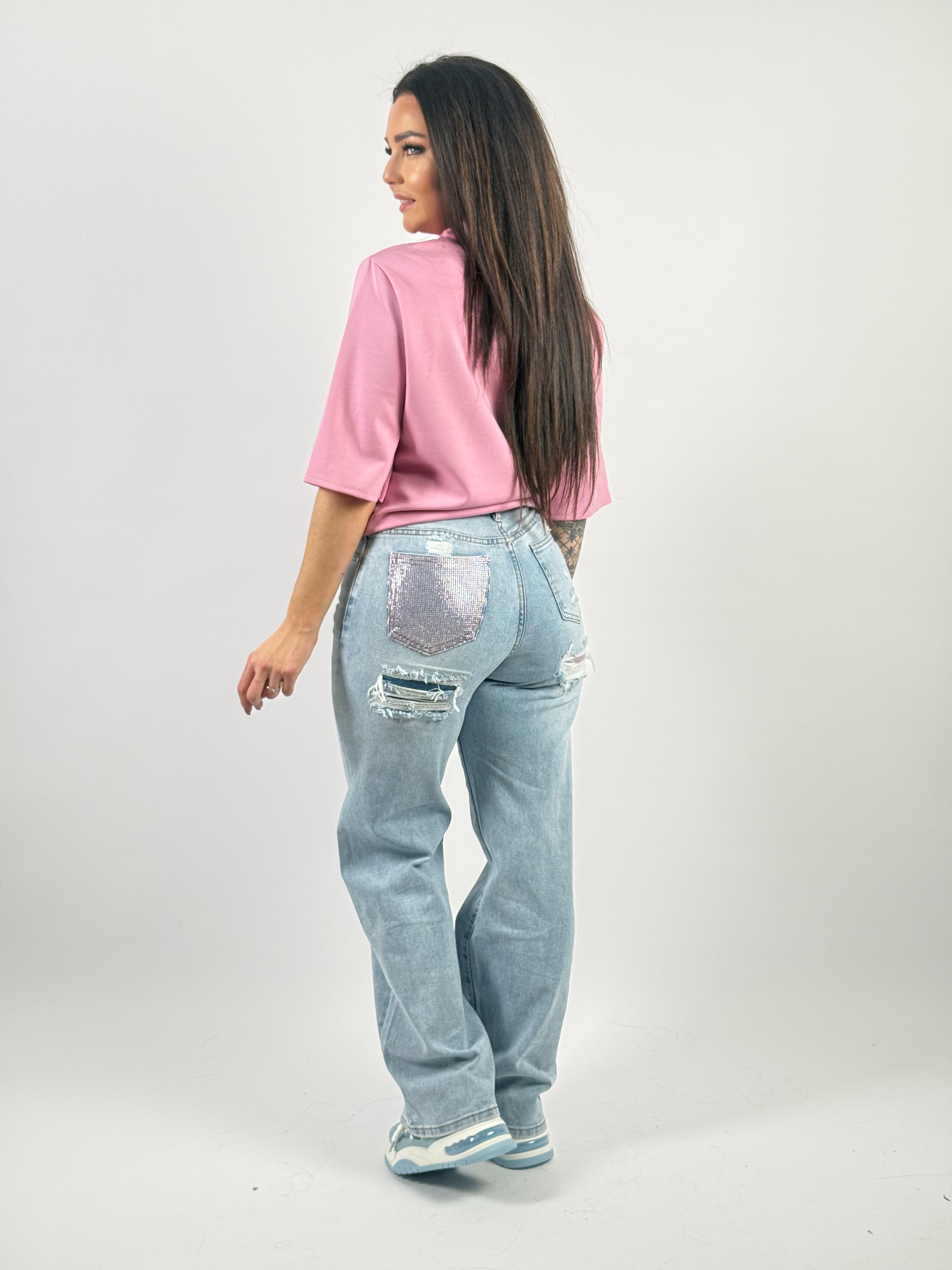 Jeans H 1558 Roze Strass Wide Leg Blauw