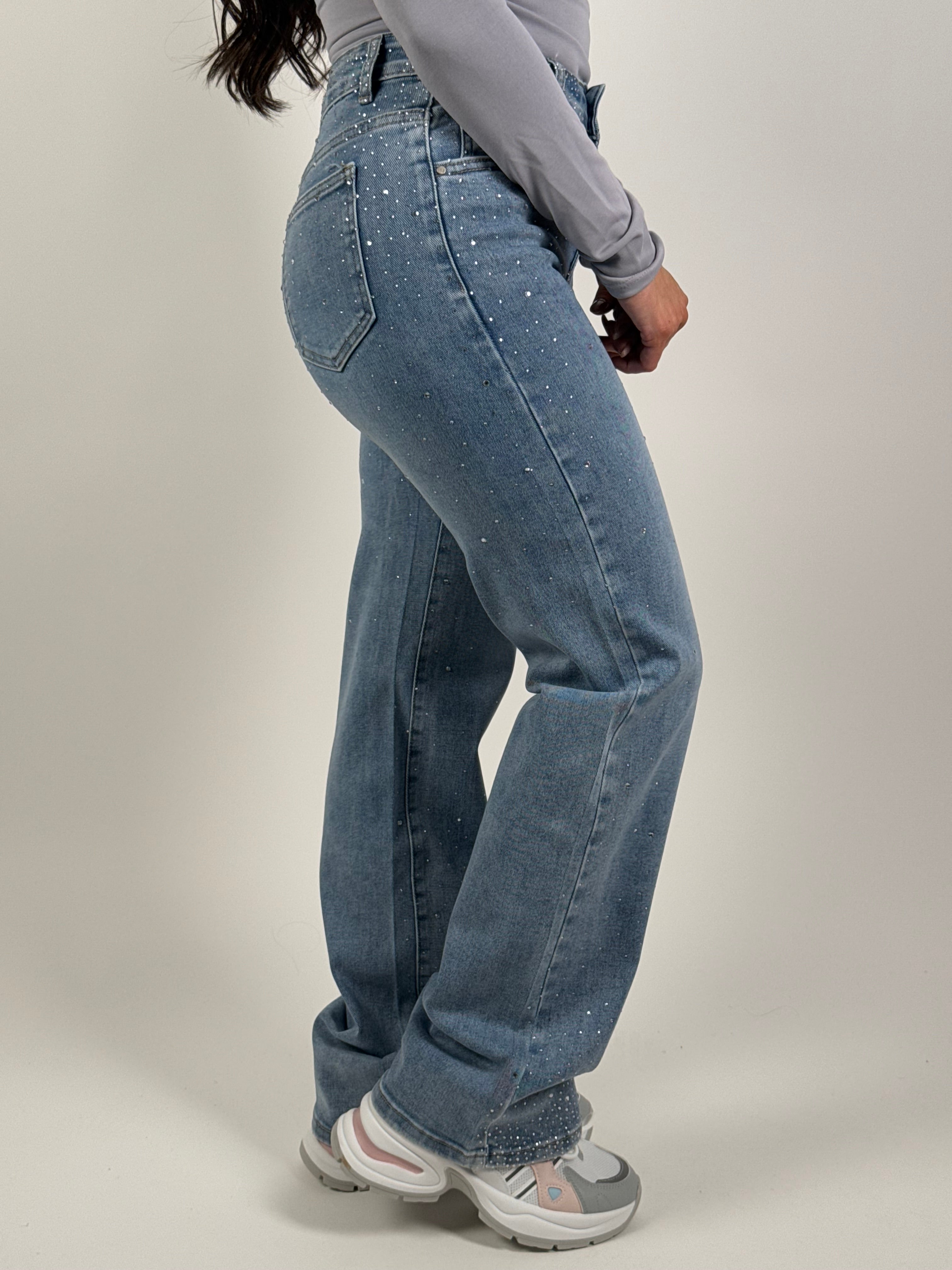 Jeans H 880-1 Strass Wide Leg Blauw