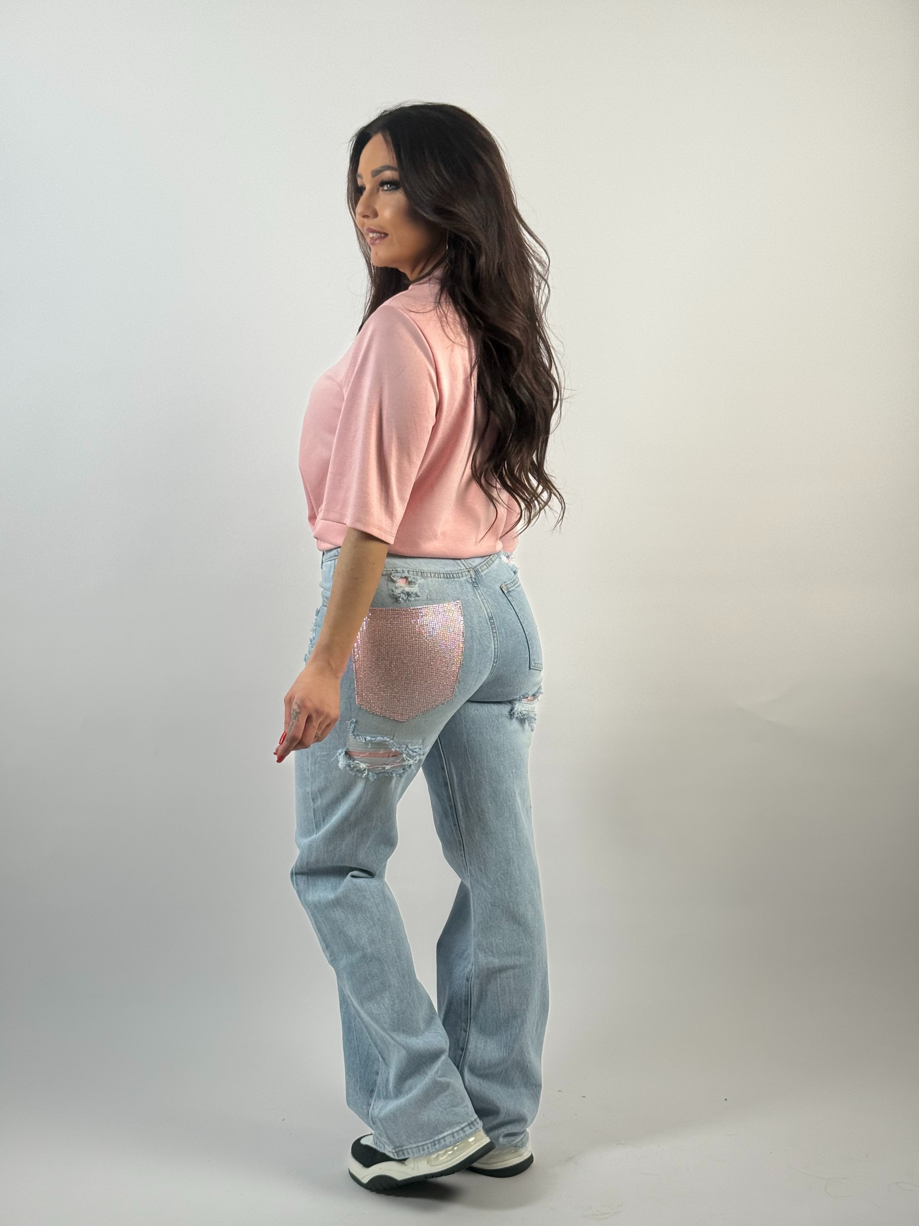 Jeans L 3517 Roze Strass Wide Leg Blauw