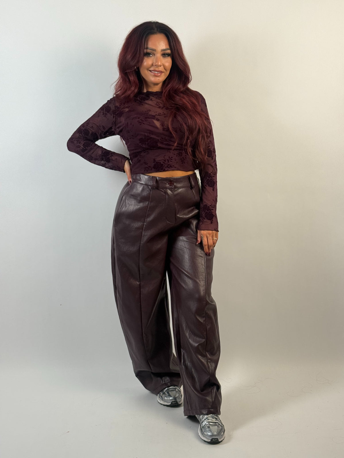 Broek Leer Look Ballon Bordeaux