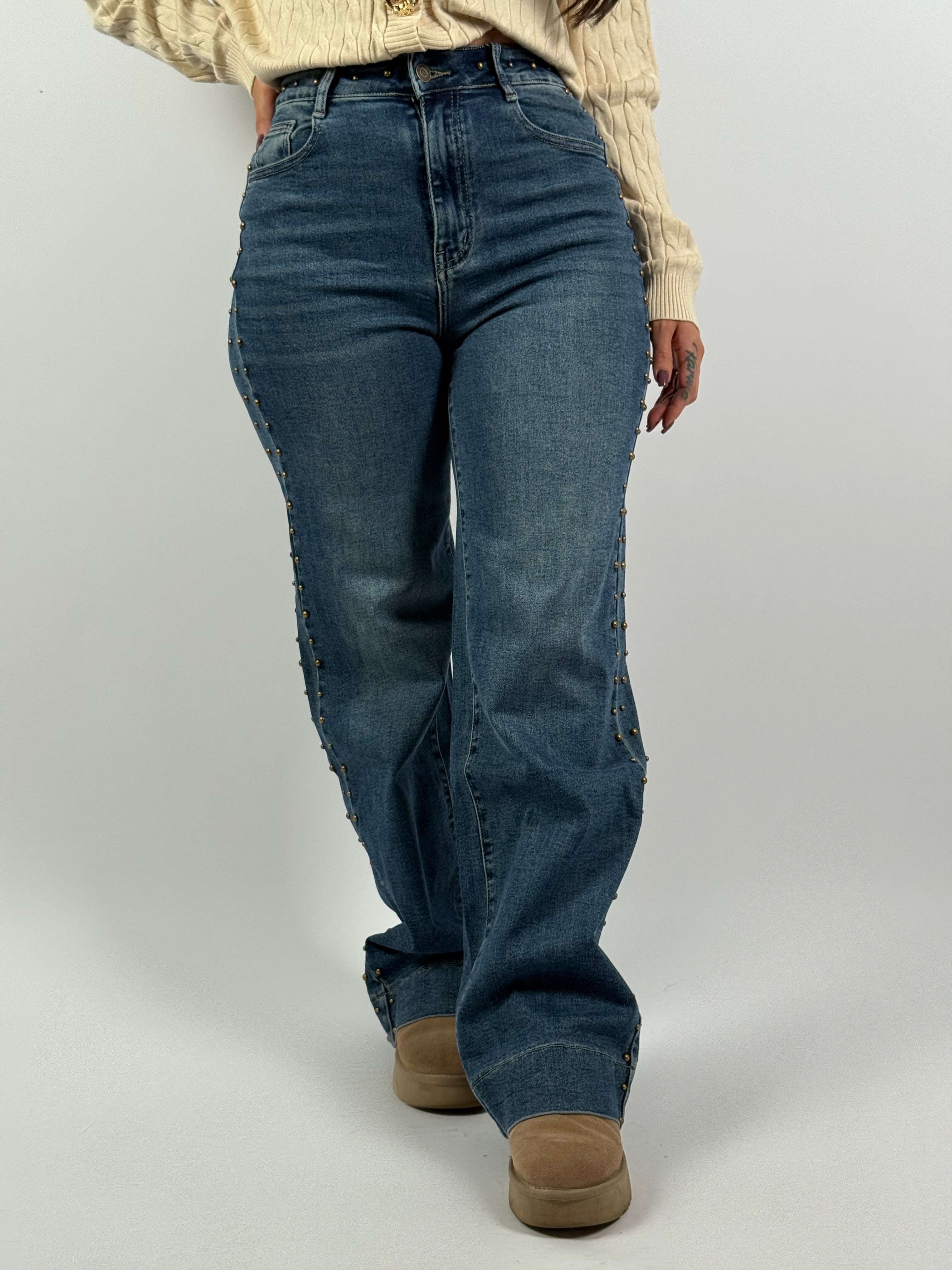 Jeans L 3329-2 Stud Wide Leg Blauw