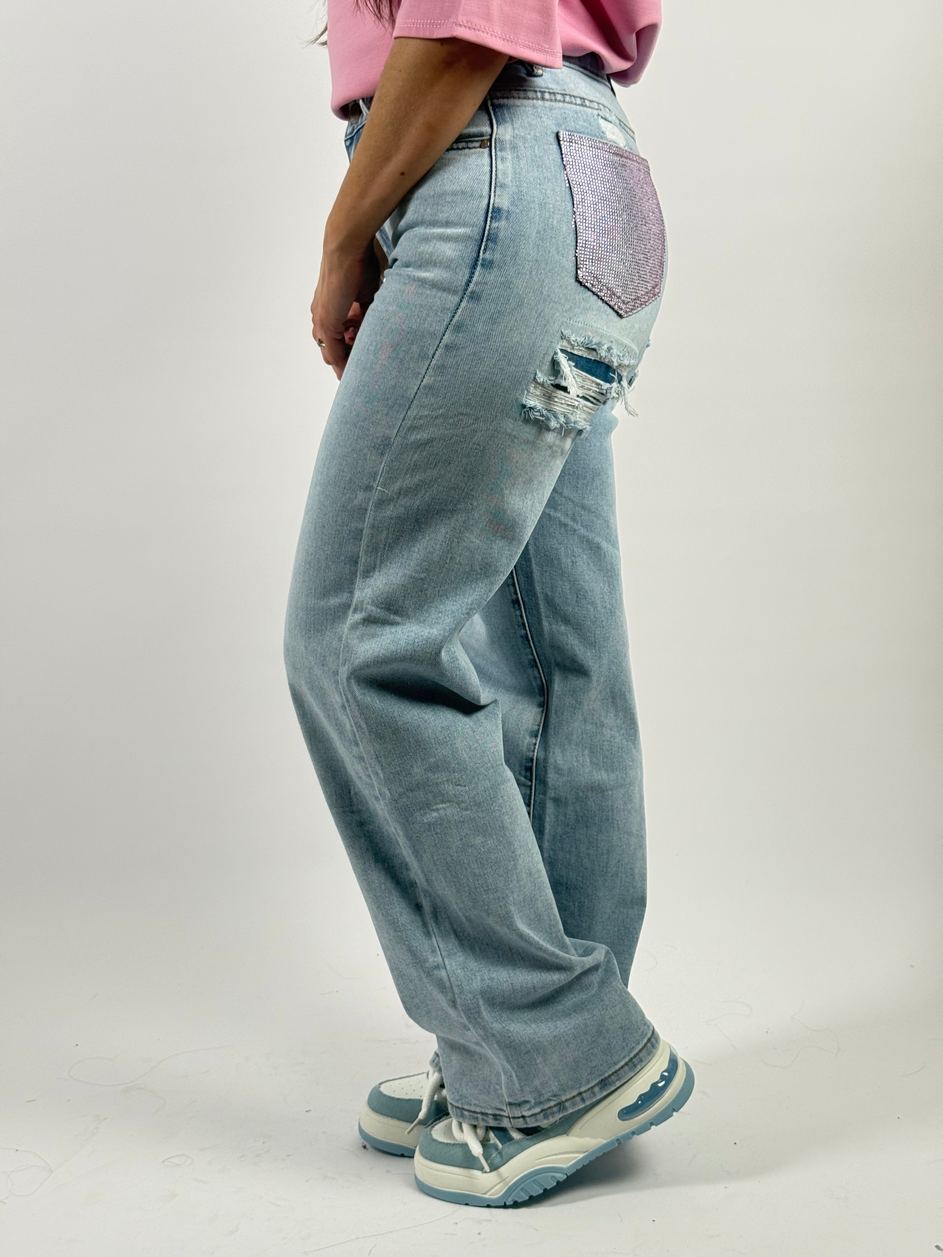 Jeans H 1558 Roze Strass Wide Leg Blauw