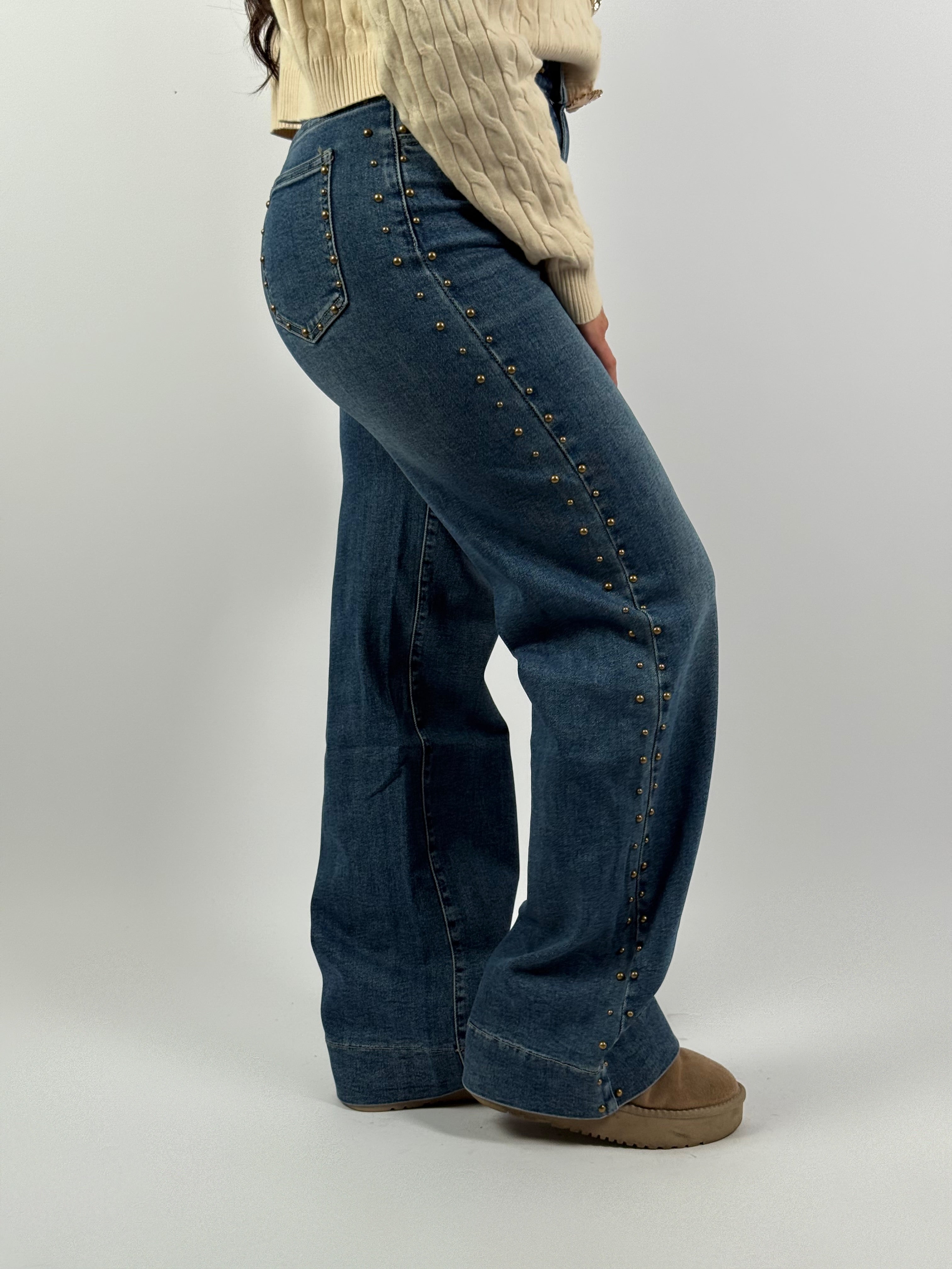 Jeans L 3329-2 Stud Wide Leg Blauw