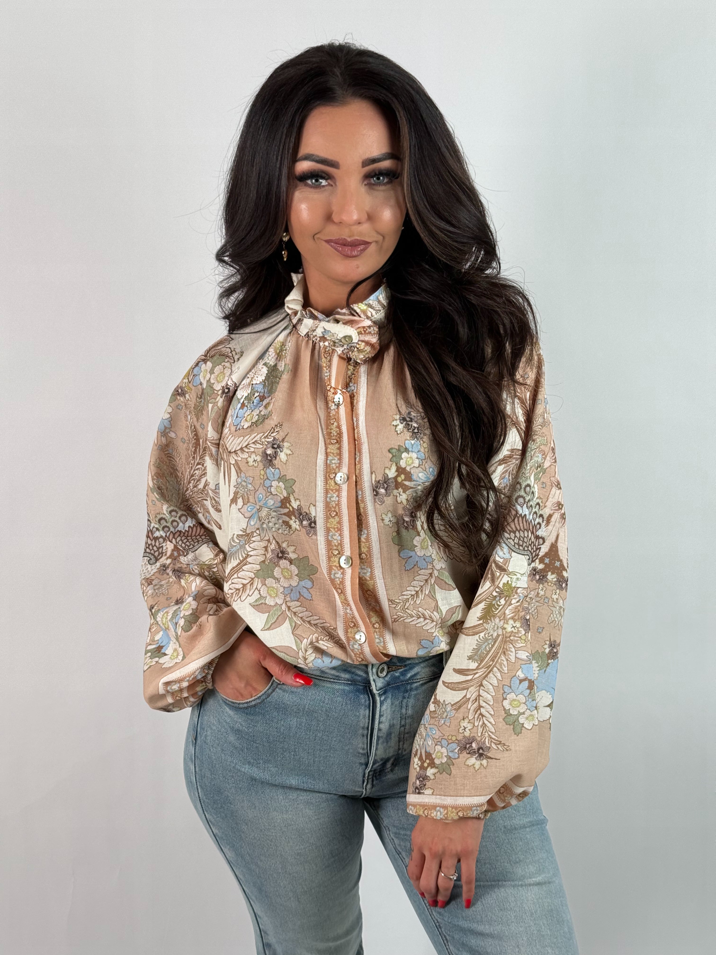 Blouse Print Bloem Beige