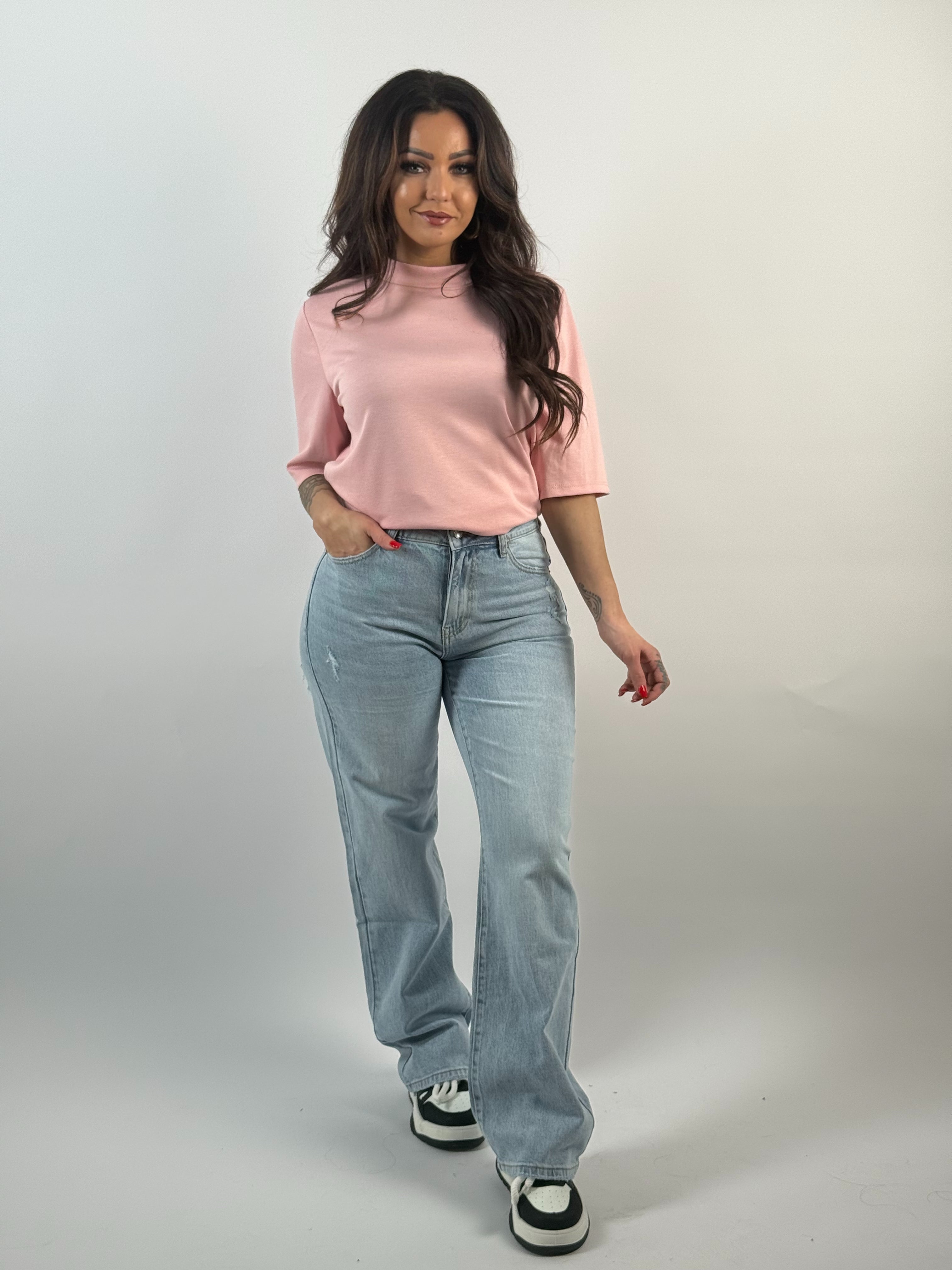 Jeans L 3517 Roze Strass Wide Leg Blauw