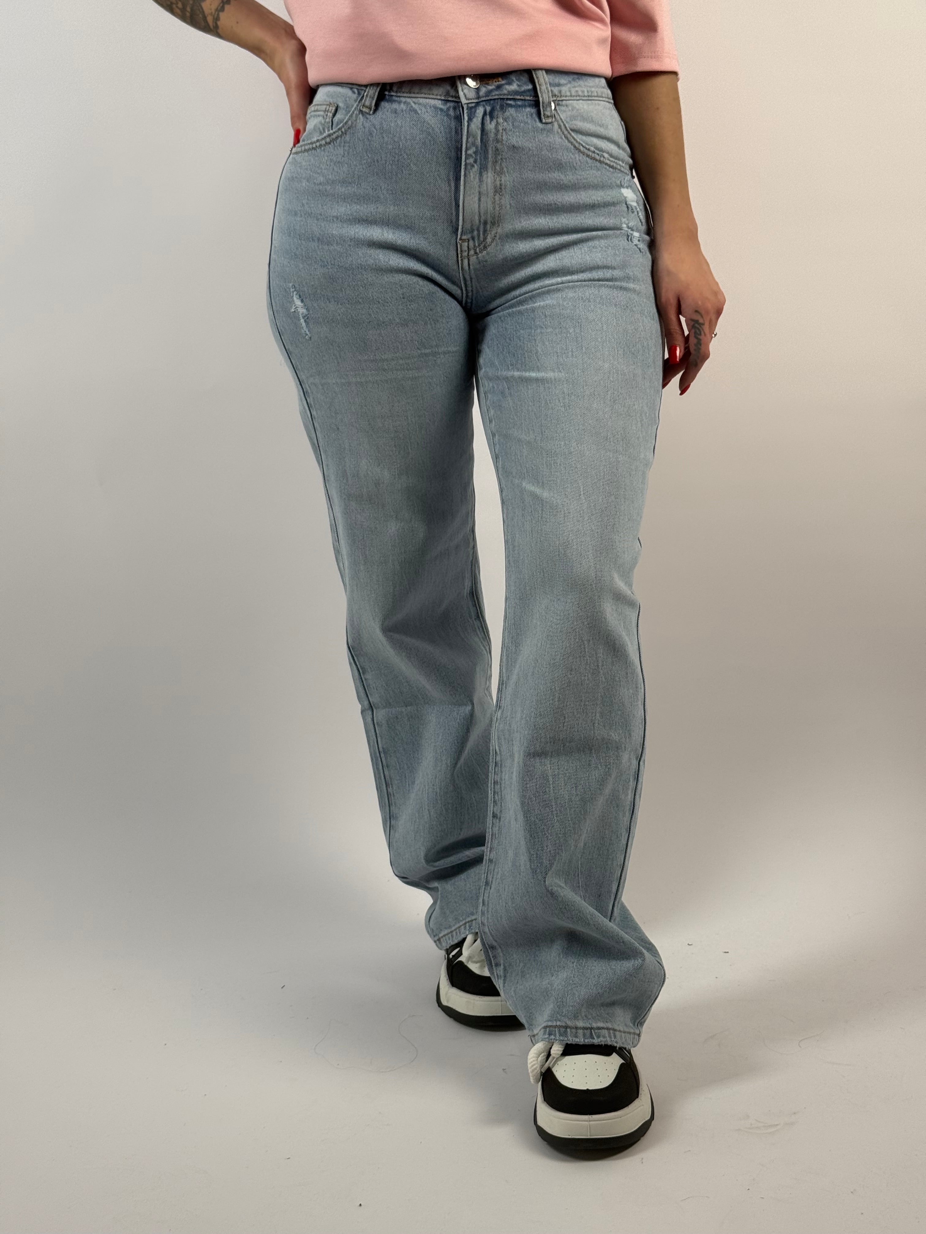 Jeans L 3517 Roze Strass Wide Leg Blauw