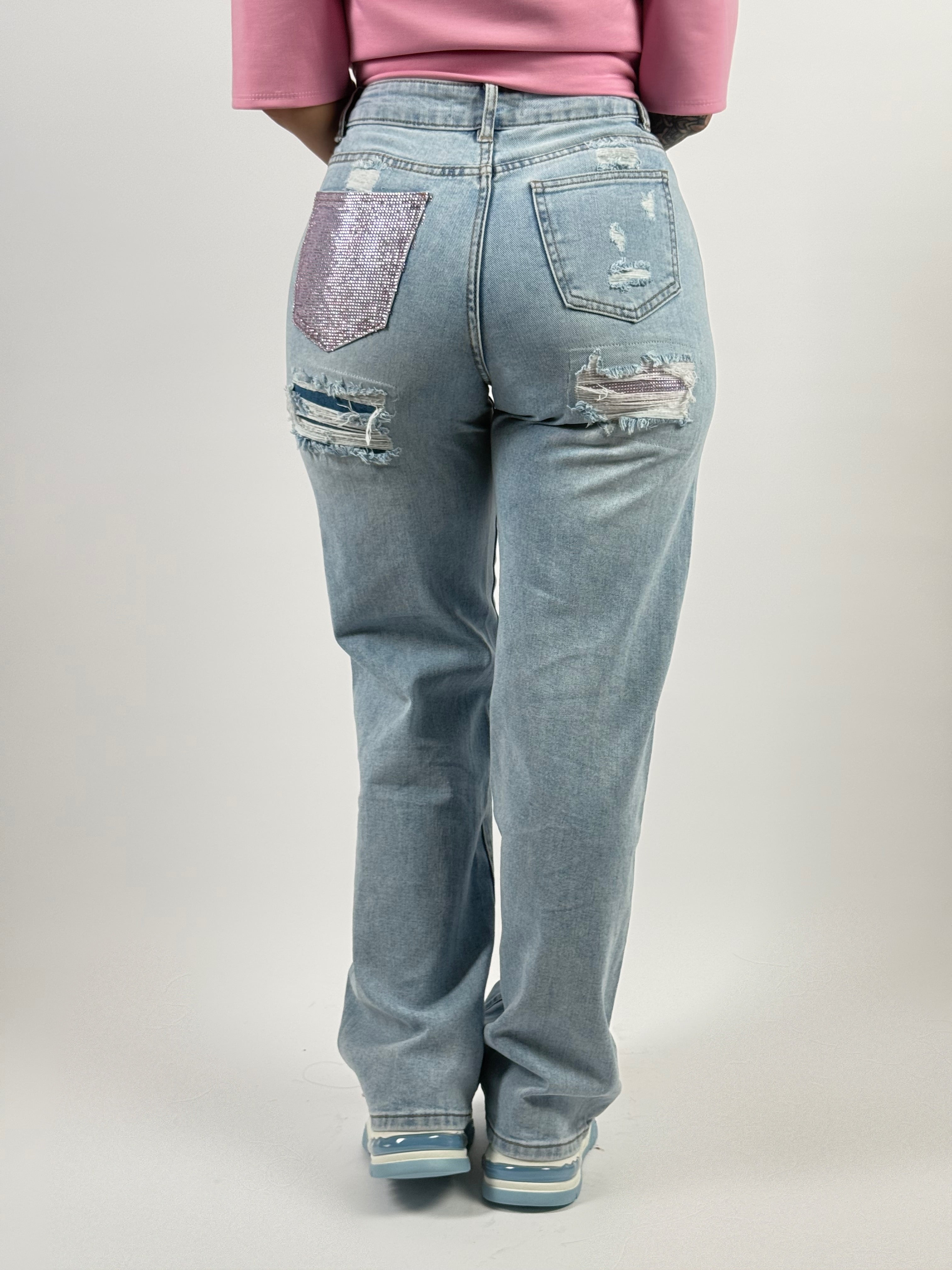 Jeans H 1558 Roze Strass Wide Leg Blauw