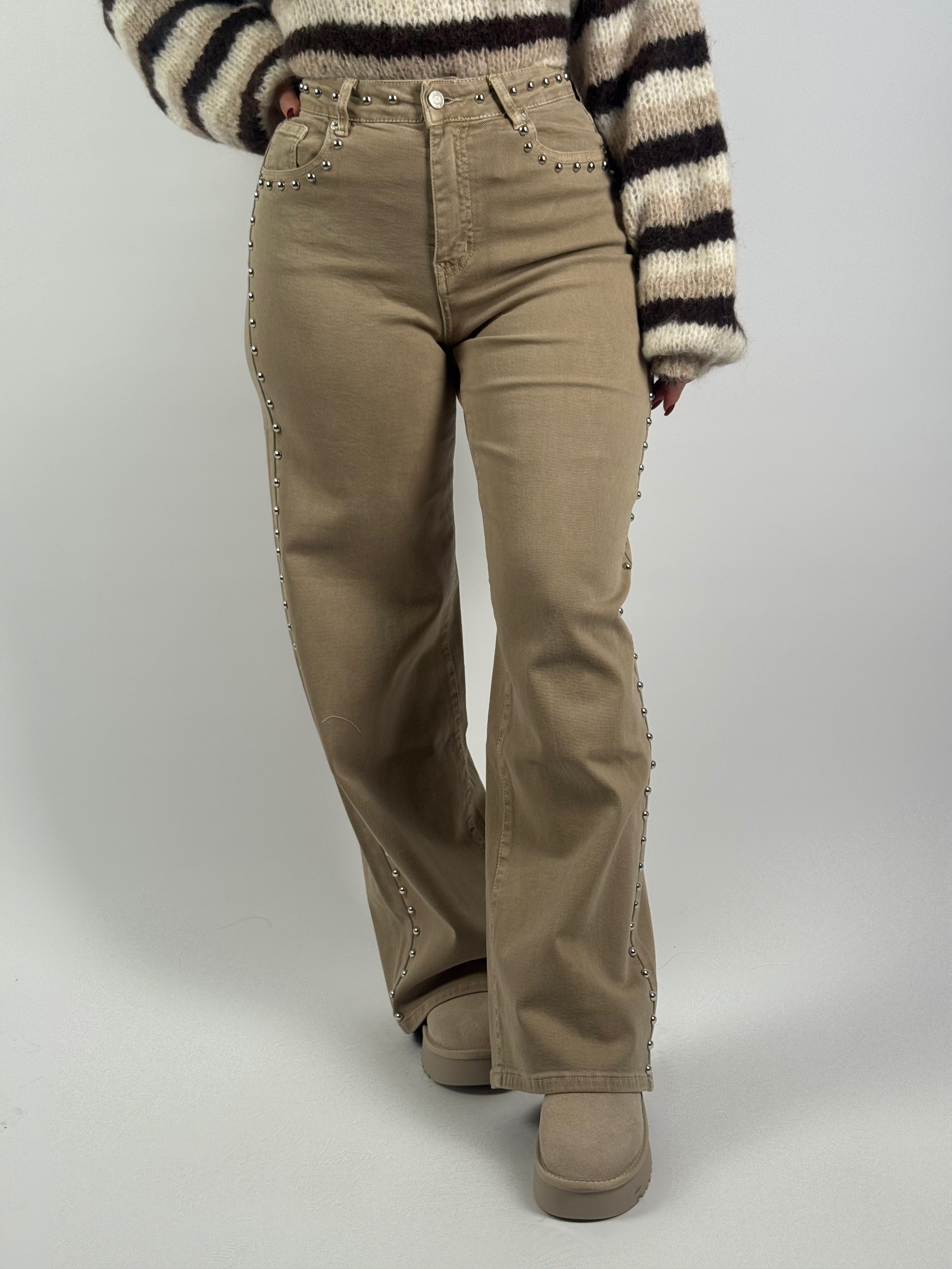 Jeans L 3378-2 Stud Wide Leg Beige