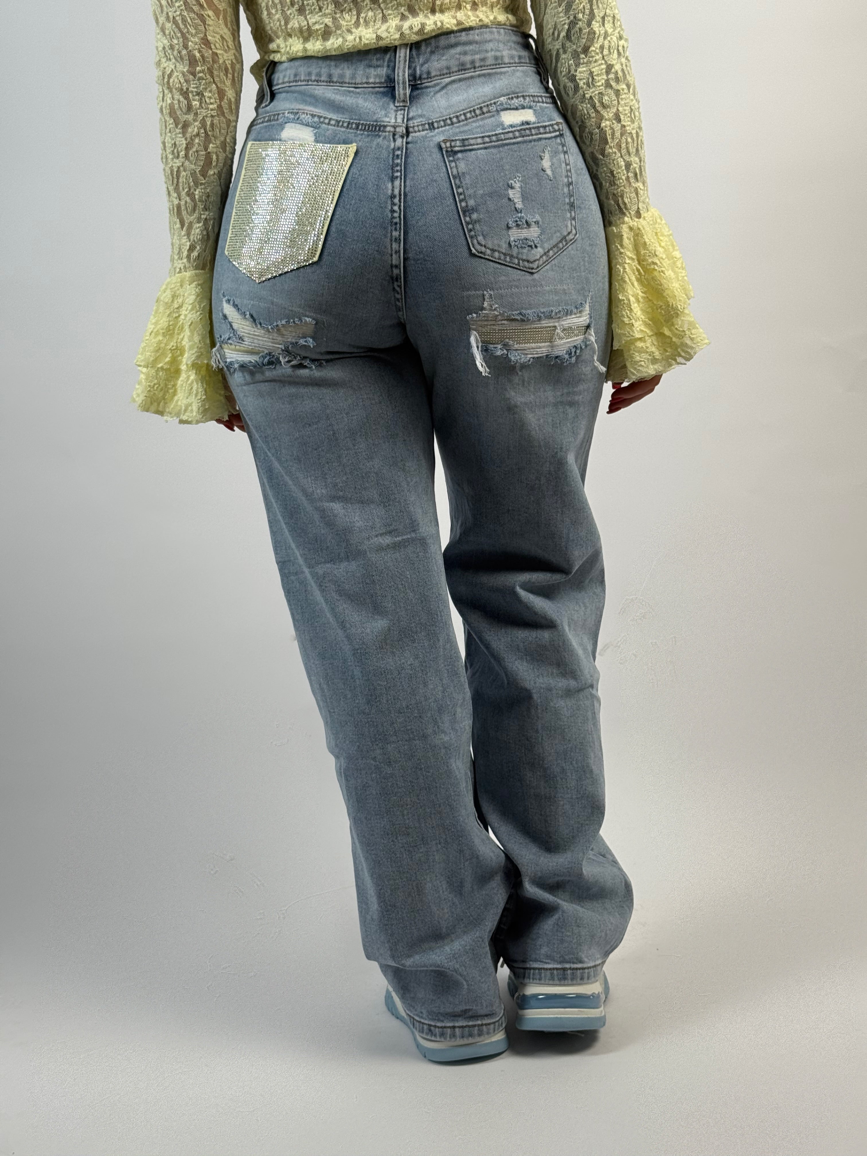 Jeans H 1576 Geel Strass Wide Leg Blauw