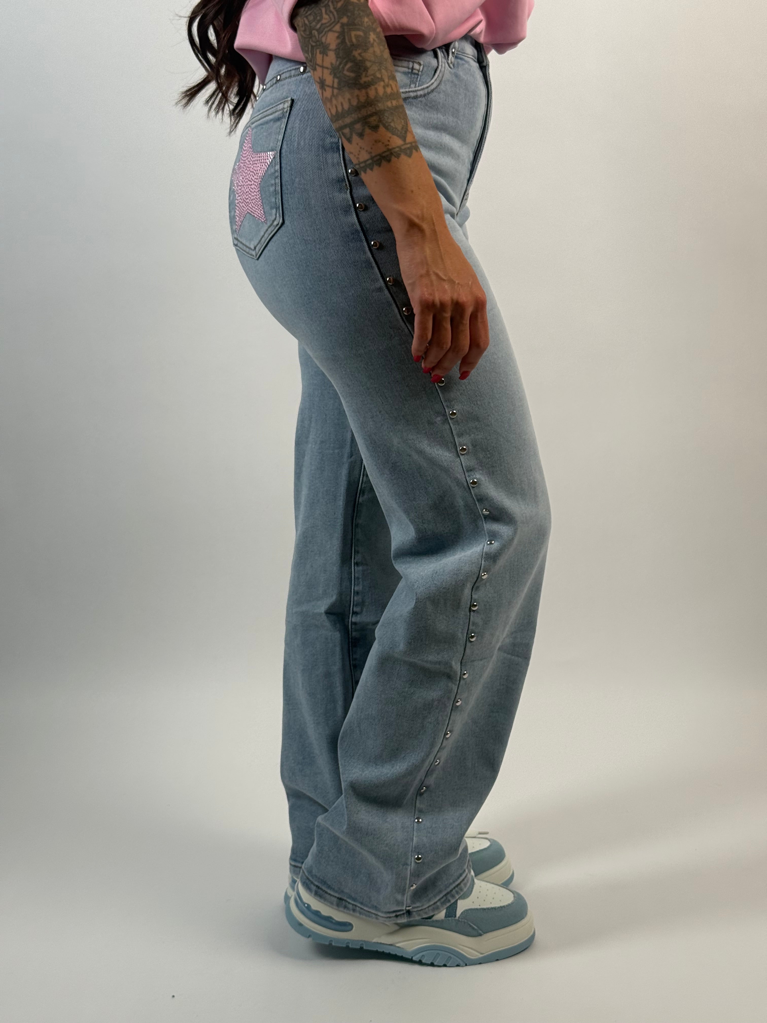Jeans H 1480 Roze Ster Wide Leg Blauw