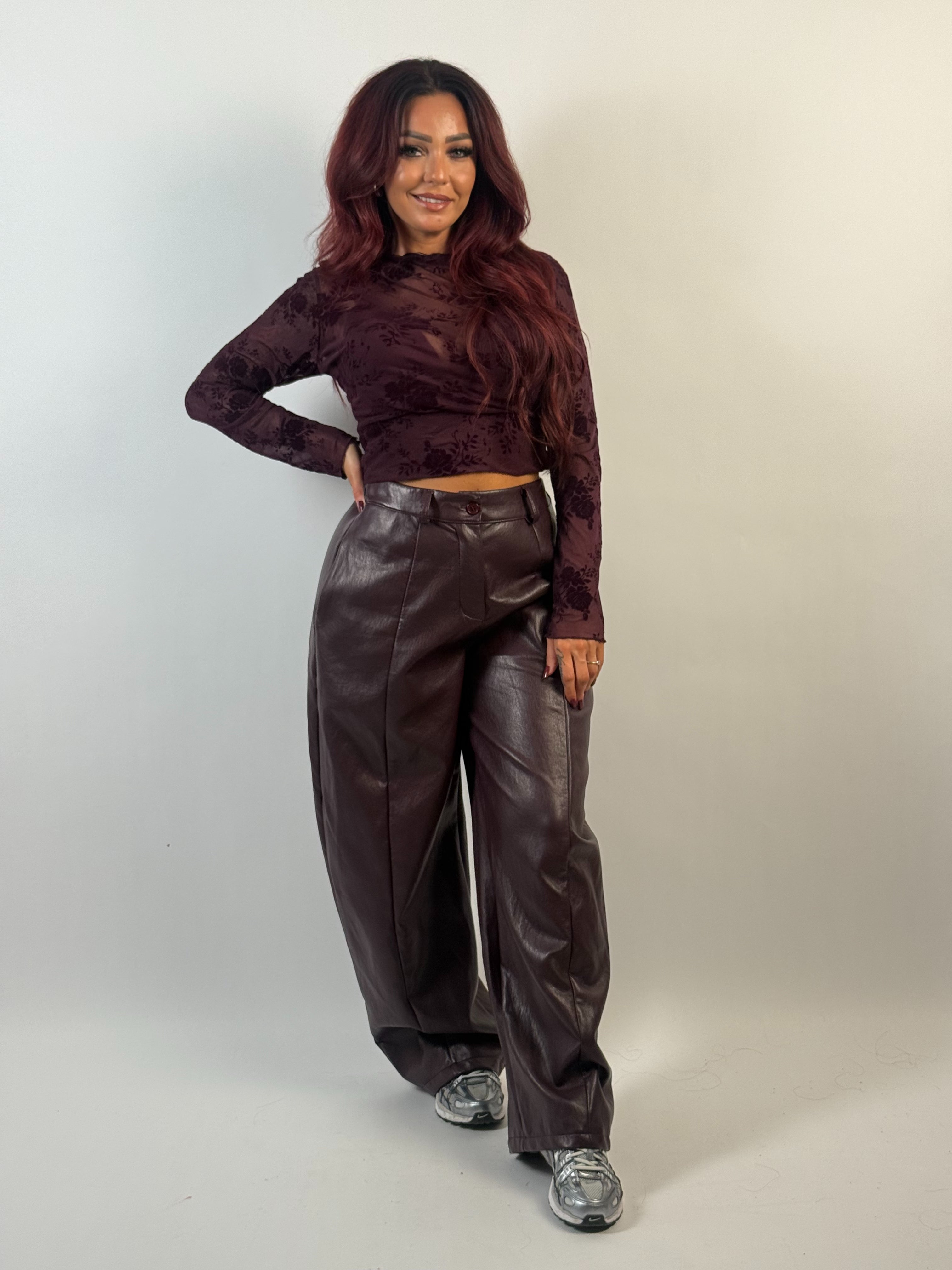 Broek Leer Look Ballon Bordeaux