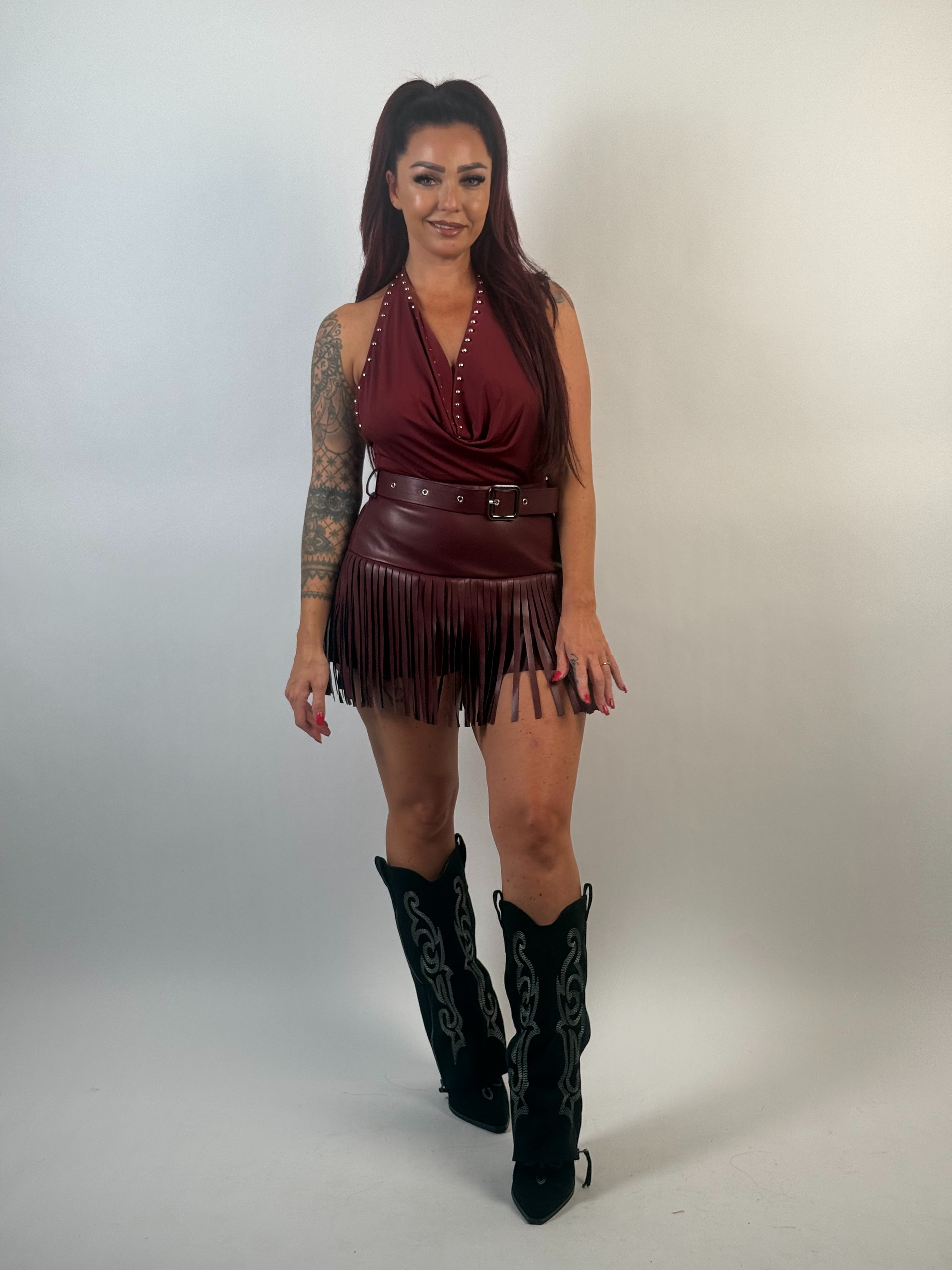 Skort Leer Fringe Bordeaux
