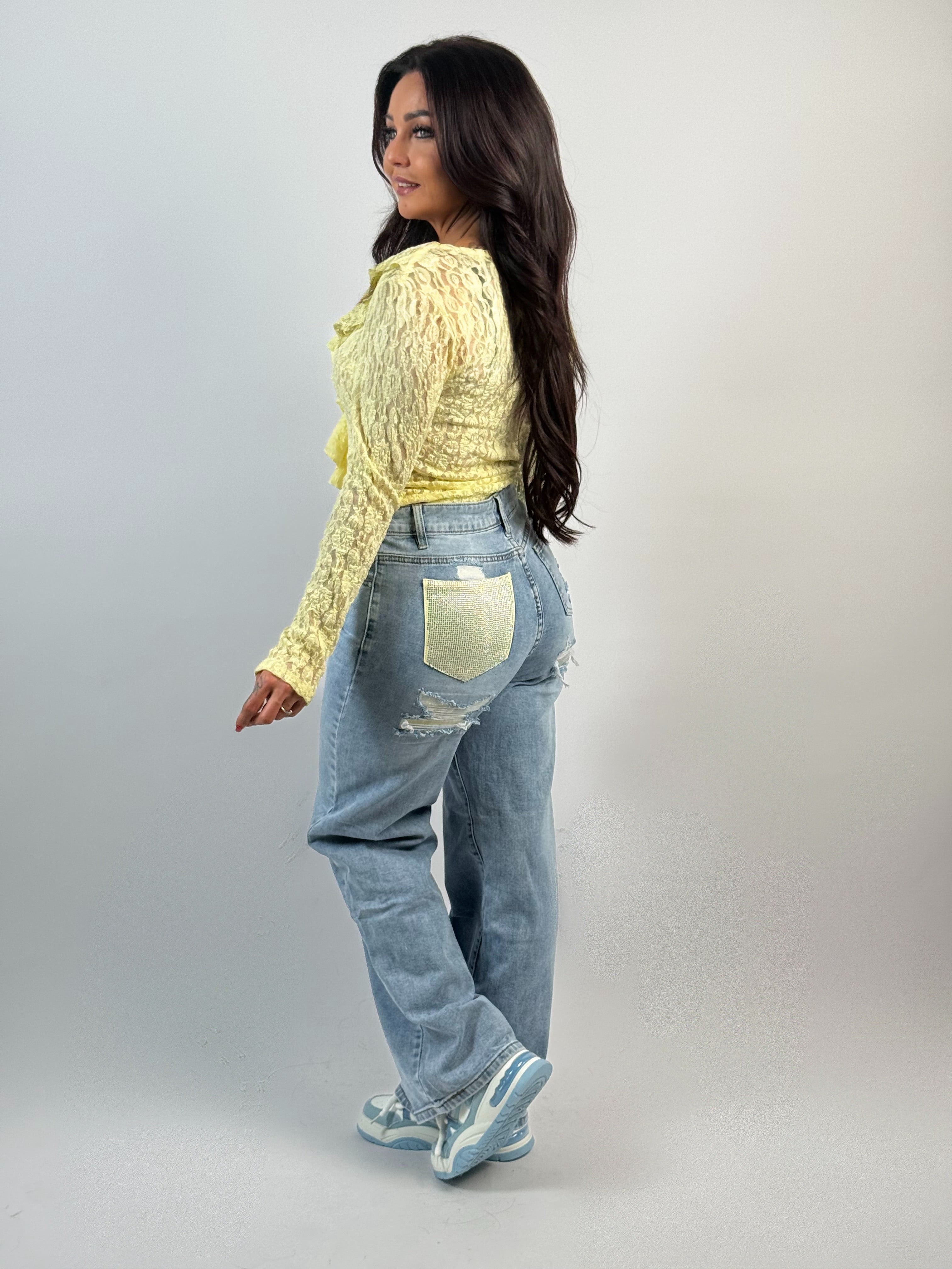 Jeans H 1576 Geel Strass Wide Leg Blauw