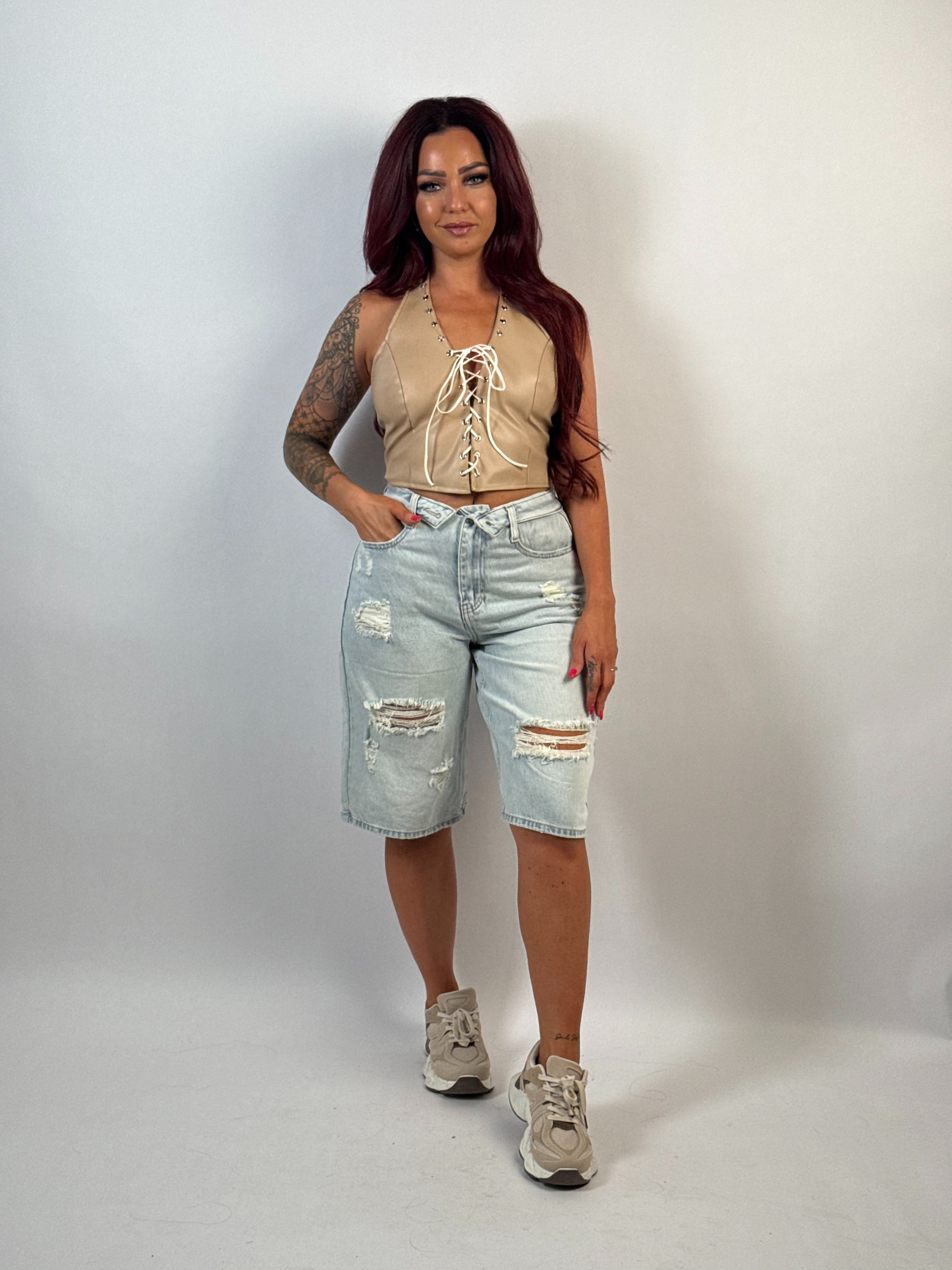 Top Leer Veter Beige